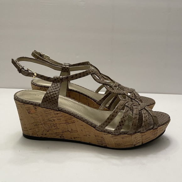 Tahari Star Cork Wedge Platform Tan Snakeskin Sandal Women's 8 M Shoes‎ Open Toe - Picture 2 of 10